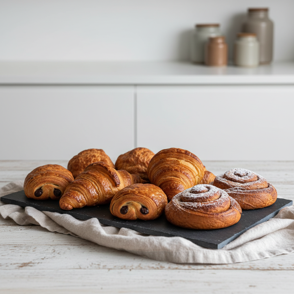 A meticulously arranged display of assorted artisanal pastries, including flaky croissants, pain au chocolat, and rustic cinnamon rolls, each with distinct textures and subtle gold-brown hues, presented on a modern matte slate serving tray. The tray sits on a soft linen napkin atop a pale wooden table, with a blurred backdrop of minimalist cabinetry and muted ceramic jars. Gentle overcast natural daylight creates a serene atmosphere with soft highlights and faint shadows, emphasizing the pastries’ delicate layers. Captured from an eye-level composition with balanced framing, the image exudes calm sophistication and minimalist elegance, in harmony with the bakery’s refined branding.